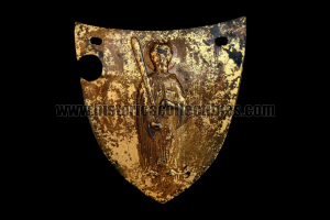 Gorgiera o Placca da "messaggero" in rame dorato e cesellato con effige di San Benedetto da Norcia, Germania XIV-XV secolo